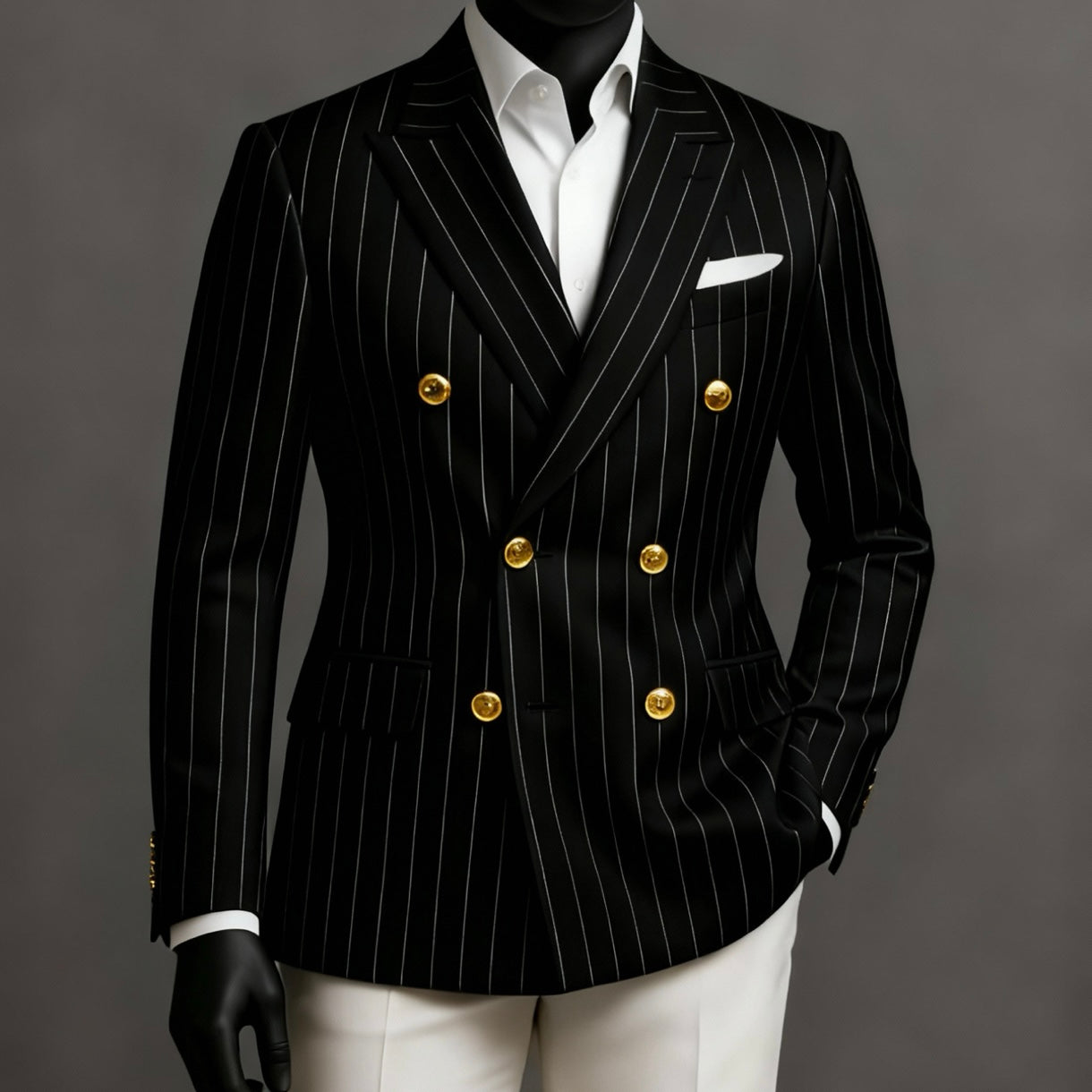 Black Pinstripe Double‑Breasted Blazer