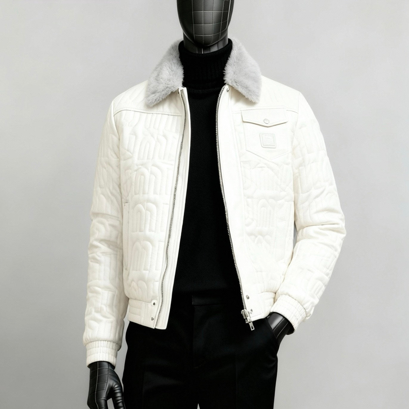 White Leather Fur-Collar Jacket